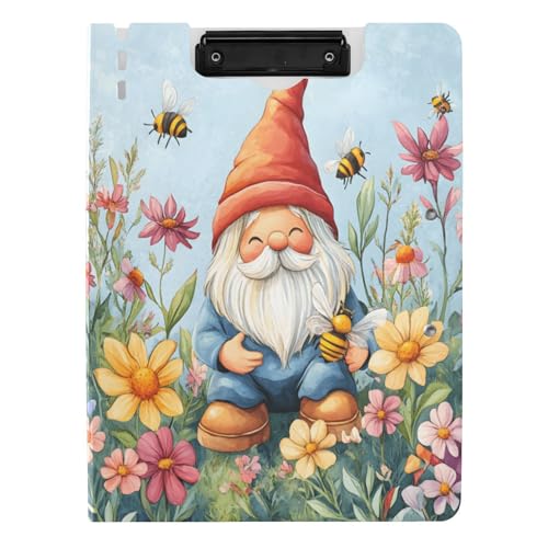 Quteprint Faltbares Klemmbrett mit Gartenblumen, Zwerg, Bienen, A4, Aktenordner Klemmbrett mit doppelten Metall-Clips, Stiftschlitz – wasserabweisend, Dokumenten-Organizer, Datei-Klemmbretter für Büro von Quteprint