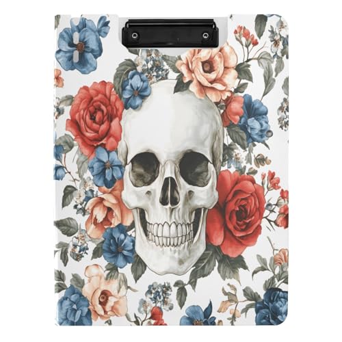 Quteprint Faltbares Klemmbrett mit Rosenblumen, Totenkopf, A4, Aktenordner mit doppelten Metall-Clips, Stiftschlitz – wasserabweisend, Dokumenten-Organizer, Akten-Klemmbretter für Büro, Schule, Arbeit von Quteprint
