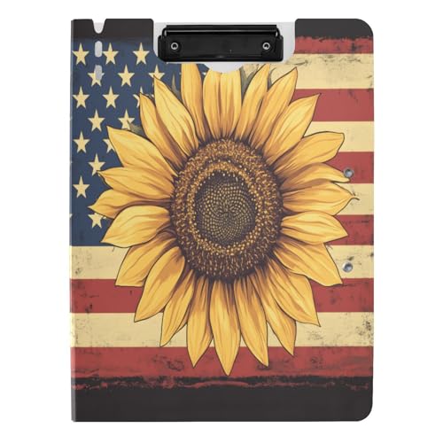 Quteprint Faltbares Klemmbrett mit amerikanischer USA-Flagge, Sonnenblume, A4-Aktenordner mit doppelten Metall-Clips, Stiftschlitz – wasserabweisend, Dokumenten-Organizer, Akten-Klemmbretter für Büro von Quteprint