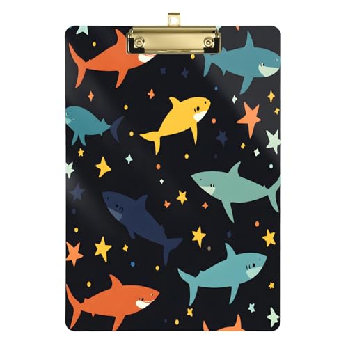 Quteprint Farbenfrohes Acryl-Klemmbrett mit Haifisch-Sternen, 22,9 x 31,8 cm, transparentes, kratzfestes Klemmbrett mit (goldfarben) Metallclip und Wandhaken, 0,6 cm dick, für Büro, Klassenzimmer von Quteprint