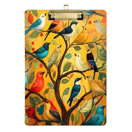 Quteprint Farbenfrohes Acryl-Klemmbrett mit Vogelbaum-Kunst, 22,9 x 31,8 cm, transparentes, kratzfestes Klemmbrett mit (goldfarben) Metallclip und Wandhaken, 0,6 cm dick, für Büro, Klassenzimmer von Quteprint
