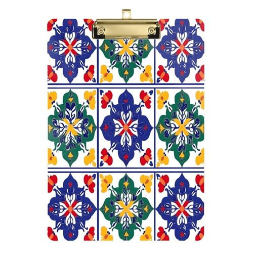 Quteprint Farbenfrohes mexikanisches Talavera-Muster, Acryl-Klemmbrett, 22,9 x 31,8 cm, transparentes, kratzfestes Klemmbrett mit (goldfarben) Metallclip und Wandhaken, 0,6 cm dick, für Büro von Quteprint