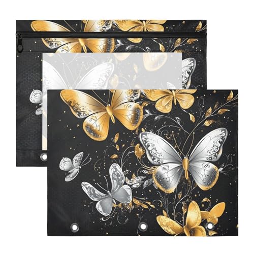 Quteprint Federmäppchen für 3-Ringordner, goldfarbene und silberne Schmetterlinge, A4-Dokumententasche mit Reißverschluss, transparentes Fenster, langlebiger Ordner-Organizer, große Kapazität für Quteprint Federmäppchen für 3-Ringordner, goldfarbene und silberne Schmetterlinge, A4-Dokumententasche mit Reißverschluss, transparentes Fenster, langlebiger Ordner-Organizer, große Kapazität für von Quteprint
