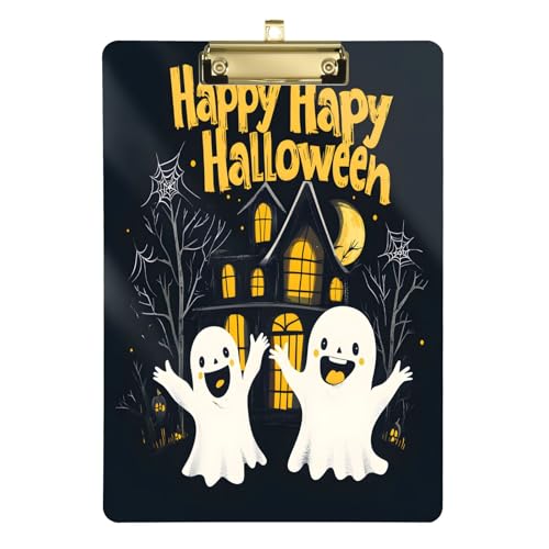 Quteprint Halloween Happy Ghosts Acryl-Klemmbrett, 22,9 x 31,8 cm, transparentes, kratzfestes Klemmbrett mit (goldfarben) Metallclip und Wandhaken, 0,6 cm dick, für Büro, Klassenzimmer von Quteprint