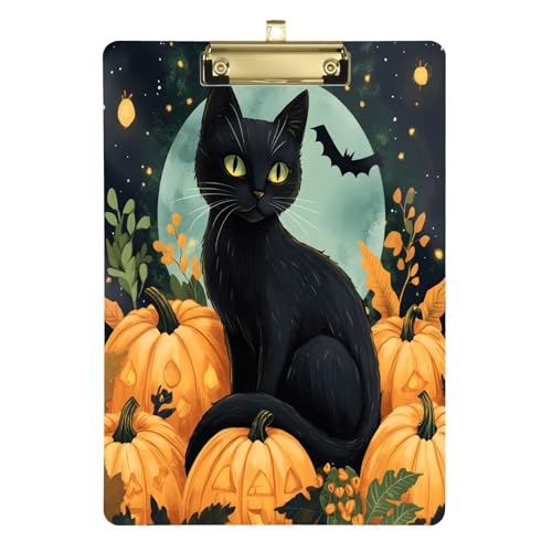 Quteprint Halloween-Klemmbrett mit Katzen-Kürbis-Sternen, Acryl, 22,9 x 31,8 cm, transparentes, kratzfestes Klemmbrett mit (goldfarben) Metallclip und Wandhaken, 0,6 cm dick, für Büro, Klassenzimmer von Quteprint