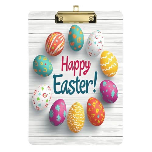 Quteprint Happy Easter Eggs Klemmbrett aus Holz, Acryl, 22,9 x 31,8 cm, transparentes, kratzfestes Klemmbrett mit (goldfarben) Metallclip und Wandhaken, 0,6 cm dick, für Büro, Klassenzimmer von Quteprint