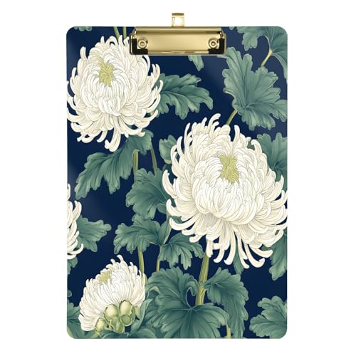 Quteprint Japanische weiße Chrysanthemen Blumen Blatt Acryl Klemmbrett 22,9 x 31,8 cm klares, kratzfestes Klemmbrett mit (goldfarben) Metallclip und Wandhaken – 0,6 cm dick für Büro, Klassenzimmer von Quteprint
