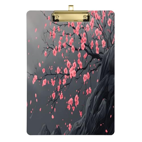Quteprint Japanisches Blumenzweig-Klemmbrett, Acryl, 22,9 x 31,8 cm, transparentes, kratzfestes Klemmbrett mit (goldfarben) Metallclip und Wandhaken, 0,6 cm dick, für Büro, Klassenzimmer von Quteprint