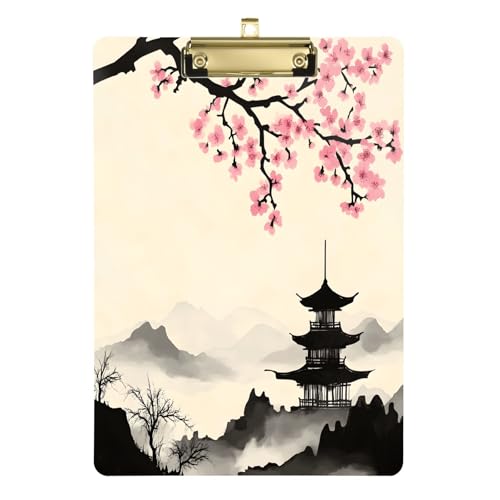 Quteprint Japanisches Klemmbrett aus Acryl, Kirschblüten, Berge, Turm, 22,9 x 31,8 cm, transparentes, kratzfestes Klemmbrett mit goldfarbenem Metallclip und Wandhaken, 0,6 cm dick, für Büro von Quteprint