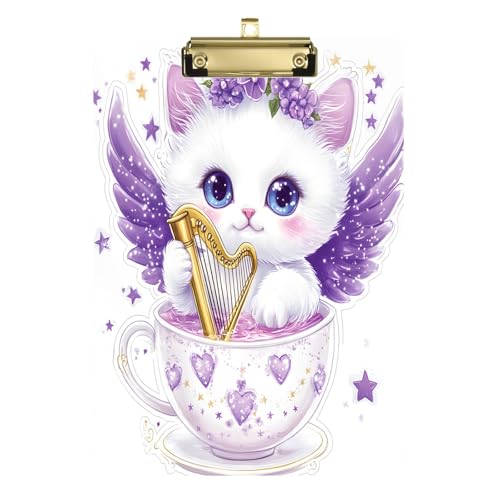 Quteprint Katzen-Acryl-Klemmbrett mit violetten Flügeln, 22,9 x 31,8 cm, transparentes, kratzfestes Klemmbrett mit (goldfarben) Metallclip und Wandhaken, 0,6 cm dick, für Büro, Klassenzimmer von Quteprint