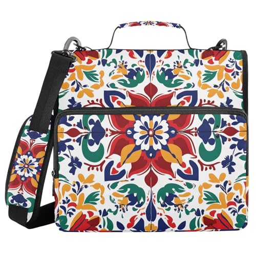 Quteprint Mappe mit Reißverschluss, mexikanisches indisches Mandala, 3,8 cm, 3-Ringbuch und mehrere Taschen, 500 Blatt Kapazität, erweiterbarer Aktenordner mit Schultergurten und Griffen, für Schule von Quteprint