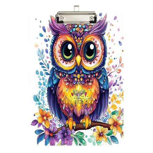 Quteprint Niedliche Eule Blumen Mandala Acryl Klemmbrett 22,9 x 31,8 cm klares, kratzfestes Klemmbrett mit (silber) Metallclip und Wandhaken – 0,6 cm dick für Büro, Klassenzimmer, Krankenschwestern von Quteprint