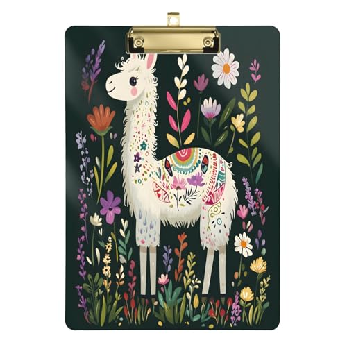 Quteprint Niedliches Alpaka-Blumenblätter-Acryl-Klemmbrett, 22,9 x 31,8 cm, transparentes, kratzfestes Klemmbrett mit (goldfarben) Metallclip und Wandhaken, 0,6 cm dick, für Büro, Klassenzimmer von Quteprint