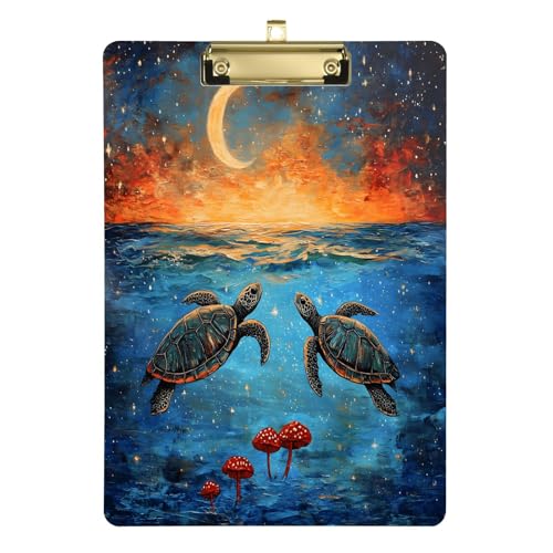 Quteprint Ocean Turtles Mushrooms Galaxy Acryl-Klemmbrett, 22,9 x 31,8 cm, transparentes, kratzfestes Klemmbrett mit (goldfarben) Metallclip und Wandhaken, 0,6 cm dick, für Büro, Klassenzimmer von Quteprint