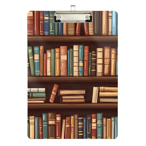 Quteprint Old Bookshelf Library Books Acrylic Clipboard, 22.9 cm x 31.8 cm Clear Scratch-Resistant Clip Board with (Silver) Metal Clip & Wall Hook - 0.6 cm Thick for Office Classroom Nurses Teachers von Quteprint