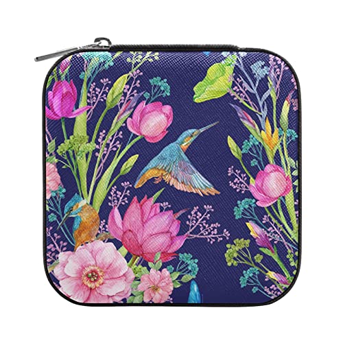 Quteprint Reise-Schmuckschatulle, Organizer, Vogel, Kolibri, Lotusblüte, klein, tragbar, für Ring, Ohrringe, Halskette, Armband, PU-Leder, Mini-Schmuck-Aufbewahrungsboxen für Frauen und Mädchen von Quteprint