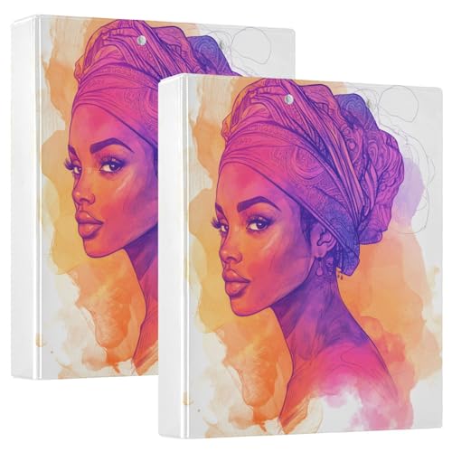 Quteprint Ringbuch mit 3 Ringen, Aquarell-Afrikanische Frau, 3,8 cm, rund, mit 3 transparenten Taschen, Klemmbrett und Platz für 200 Blatt, für Büro, Schule, Zuhause, 2 Stück von Quteprint