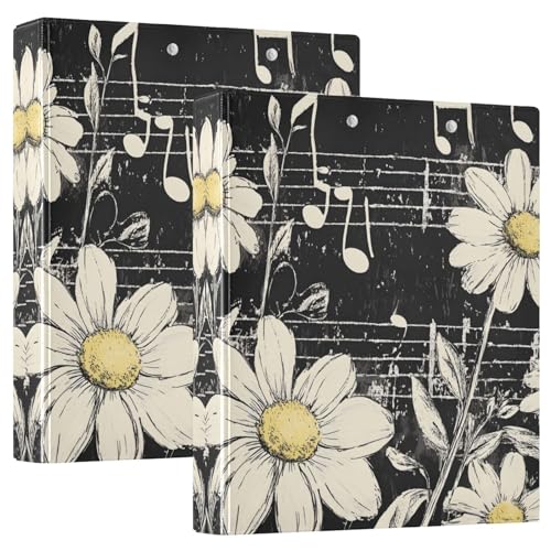 Quteprint Ringbuch mit 3 Ringen, Retro-Gänseblümchen, Musiknoten, 3,8 cm, runder Ringordner mit 3 transparenten Taschen, Klemmbrett und hält 200 Blatt für Büro/Schule/Zuhause von Quteprint