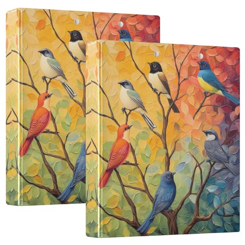 Quteprint Ringbuch mit 3 Ringen, buntes Baum-Vogel-Kunstgemälde, 3,8 cm, runder Ringordner mit 3 transparenten Taschen, Klemmbrett und hält 200 Blatt für Büro/Schule/Zuhause von Quteprint