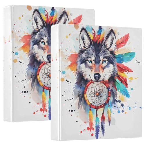 Quteprint Ringbuch mit 3 Ringen, indischer Aquarellwolf, Boho, 3,8 cm, runder Ringordner mit 3 transparenten Taschen, Klemmbrett und hält 200 Blatt für Büro/Schule/Zuhause von Quteprint