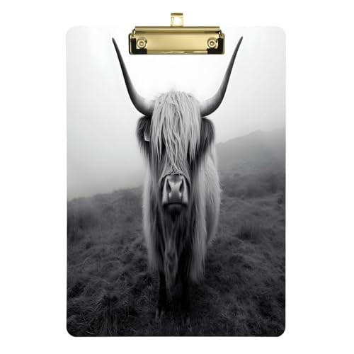 Quteprint Schwarzes Highland-Klemmbrett mit Kuh-Motiv, Acryl, 22,9 x 31,8 cm, transparentes, kratzfestes Klemmbrett mit goldfarbenem Metallclip und Wandhaken, 0,6 cm dick, für Büro, Klassenzimmer von Quteprint