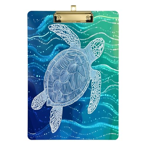 Quteprint Schwimmende Meeresschildkröten-Wellen Acryl-Klemmbrett, 22,9 x 31,8 cm, transparentes, kratzfestes Klemmbrett mit (goldfarben) Metallclip und Wandhaken, 0,6 cm dick, für Büro, Klassenzimmer von Quteprint