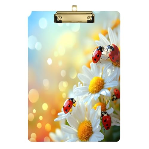 Quteprint Spring Daisy Flowers Marienkäfer Acryl-Klemmbrett, 22,9 x 31,8 cm, transparentes, kratzfestes Klemmbrett mit (goldfarben) Metallclip und Wandhaken, 0,6 cm dick, für Büro, Klassenzimmer von Quteprint