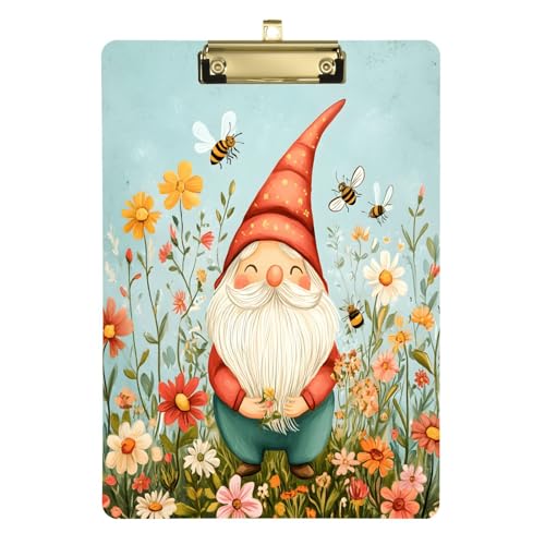 Quteprint Spring Flowers Bees Gnome Acrylic Clipboard, 22.9 cm x 31.8 cm Clear Scratch-Resistant Clip Board with (Gold) Metal Clip & Wall Hook - 0.6 cm Thick for Office Classroom Nurses Teachers von Quteprint