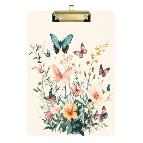 Quteprint Spring Wildflowers Butterfly Acryl-Klemmbrett, 22,9 x 31,8 cm, transparentes, kratzfestes Klemmbrett mit (goldfarben) Metallclip und Wandhaken, 0,6 cm dick, für Büro, Klassenzimmer von Quteprint