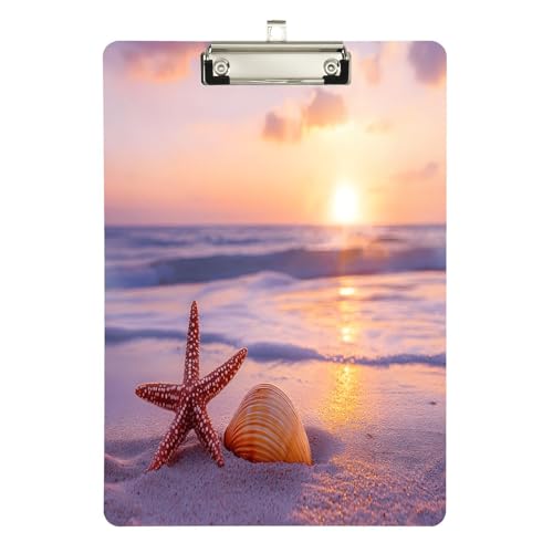 Quteprint Summer Beach Starfish Seashell Acryl-Klemmbrett, 22,9 x 31,8 cm, transparentes, kratzfestes Klemmbrett mit (silberfarbenem) Metallclip und Wandhaken, 0,6 cm dick, für Büro, Klassenzimmer von Quteprint