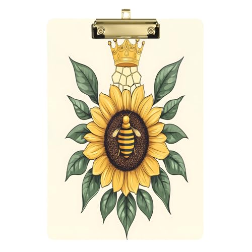 Quteprint Summer Bee Sonnenblumenkrone, Acryl-Klemmbrett, 22,9 x 31,8 cm, transparentes, kratzfestes Klemmbrett mit (goldfarben) Metallclip und Wandhaken, 0,6 cm dick, für Büro, Klassenzimmer von Quteprint