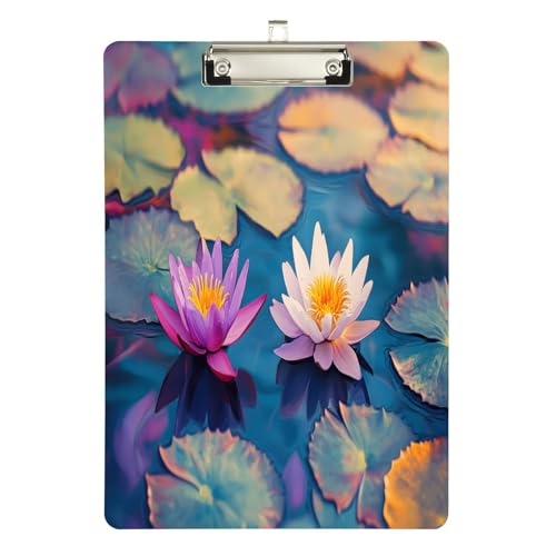 Quteprint Summer Floral Lotus Acryl-Klemmbrett, 22,9 x 31,8 cm, transparentes, kratzfestes Klemmbrett mit (silberfarben) Metallclip und Wandhaken, 0,6 cm dick, für Büro, Klassenzimmer von Quteprint