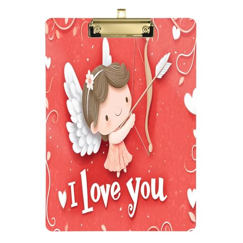 Quteprint Valentine Cupid Shooting Arrow Acryl-Klemmbrett, 22,9 x 31,8 cm, transparentes, kratzfestes Klemmbrett mit (goldfarben) Metallclip und Wandhaken, 0,6 cm dick, für Büro, Klassenzimmer von Quteprint