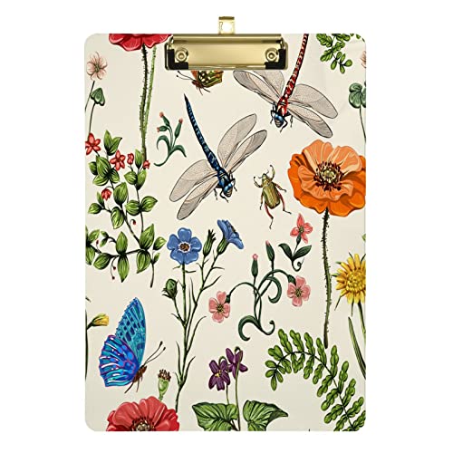 Schreibtafel Sommer Schmetterling Libelle Blume für Kinder Jungen Mädchen Elegant A4 22,9 x 31,8 cm Schreibtafel mit Silberner Metallklammer Low-Profile für von Quteprint