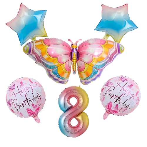 Quxvena Geburtstagsdeko 8 jahre Mädchen, Folienballon Schmetterling luftballon 8 Jahre, Deko 8 Geburtstag Mädchen luftballon 8. geburtstag von Quxvena