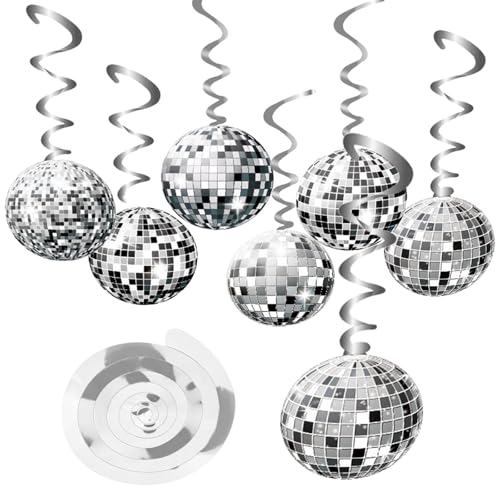 Qwrqwr 18-teiliges 70er-Jahre-Party-Dekorationsset, Discokugel zum Aufhängen, Dekoration mit Retro-Girlande, silberfarbenes Wirbel-Thema, Geburtstagszubehör (Silber) von Qwrqwr