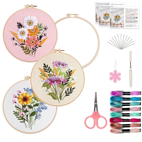 Qwrqwr 3-teiliges Handstickerei-Kreuzstich-Set für Erwachsene und Anfänger, Bastelsets mit Mustern, Fäden und Reifen von Qwrqwr