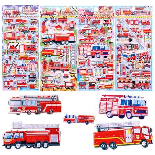 Qwrqwr 3D Puffy Sticker Set Kinder 4 Blätter Feuerwehr Aufkleber Kinder Feuerwehr Traktor Bagger Aufkleber Auto Fahrzeuge Motiv Belohnungssticker für Jungs Party Gastgeschenke Mitgebsel von Qwrqwr