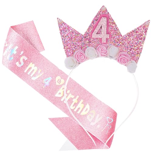 Qwrqwr Geburtstagsdekorationen für Mädchen, rosa Stirnband und Glitzer-Schärpe, Partyzubehör, Mädchen-Ideen, Geschenk (4. Geburtstag, Rosa, Einheitsgröße) von Qwrqwr