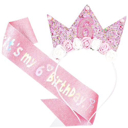 Qwrqwr Geburtstagsdekorationen für Mädchen, rosa Stirnband und Glitzer-Schärpe, Partyzubehör, Mädchen-Ideen, Geschenk (6., Rosa, Einheitsgröße) von Qwrqwr