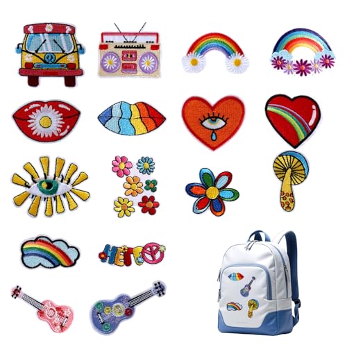 Qwrqwr Kinder 16 Stück Hippie-Style Aufbügelnde Patches Kit Bügelflicken Vintage Stickerei-Set für Erwachsene Bunte Reparatur-Deko für Jeans Rucksack Jacken Textilien für DIY Handwerk von Qwrqwr