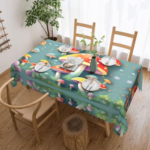 Qwvbn Quadratische Spitzen-Tischdecke mit niedlichen farbigen Pilzen, 137,2 x 183,9 cm, wasserdicht und knitterarm, geeignet für Esstische und Teetische von Qwvbn