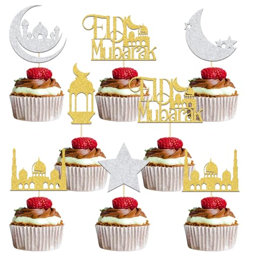 24 Stück Eid Mubarak Cupcake-Topper, Umrah Mubarak Cupcake-Topper, Eid Geburtstagsparty-Dekoration, muslimische islamische Party-Dekoration, Mond und Stern, Ramadan-Dekor für Heimbedarf, Gold, Silber, 24 Stück Eid Mubarak Cupcake-Topper, Umrah Mubarak Cupcake-Topper, Eid Geburtstagsparty-Dekoration, muslimische islamische Party-Dekoration, Mond und Stern, Ramadan-Dekor für Heimbedarf, Gold, Silber, von Qxcv