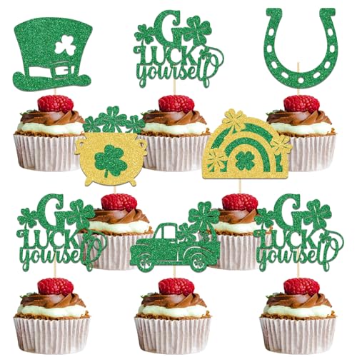 Cupcake-Aufsätze "Happy St. Patricks", "Go Luck Youself", Kleeblatt-Party-Dekoration, vierblättriges Kleeblatt für irischen Tag, Kleeblatt-Thema, Geburtstag, Jahrestag, Zubehör, gold/grün, Glitzer, 24 Cupcake-Aufsätze "Happy St. Patricks", "Go Luck Youself", Kleeblatt-Party-Dekoration, vierblättriges Kleeblatt für irischen Tag, Kleeblatt-Thema, Geburtstag, Jahrestag, Zubehör, gold/grün, Glitzer, 24 von Qxcv