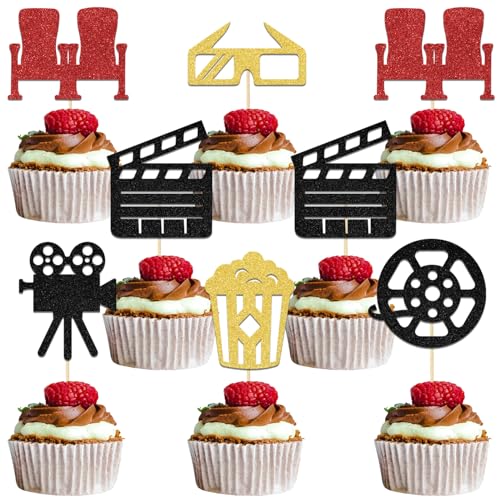 Cupcake-Topper, Filmthema, Comedy-Film, Kuchendekoration, Filme, Geburtstagsparty, Dekoration für Kinder, Hollywood-Film-Thema, Junggesellinnenabschied, Zubehör, Gold, Schwarz, Rot, Glitzer, 24 Stück Cupcake-Topper, Filmthema, Comedy-Film, Kuchendekoration, Filme, Geburtstagsparty, Dekoration für Kinder, Hollywood-Film-Thema, Junggesellinnenabschied, Zubehör, Gold, Schwarz, Rot, Glitzer, 24 Stück von Qxcv