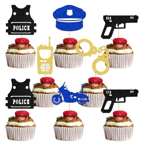 Cupcake-Topper, Polizei-Geburtstagsparty-Dekorationen, Polizisten-Kuchendekorationen, Glückwunschbeamter, Party-Topper, Blau, Gold, Schwarz, Glitzer, 24 Stück Cupcake-Topper, Polizei-Geburtstagsparty-Dekorationen, Polizisten-Kuchendekorationen, Glückwunschbeamter, Party-Topper, Blau, Gold, Schwarz, Glitzer, 24 Stück von Qxcv