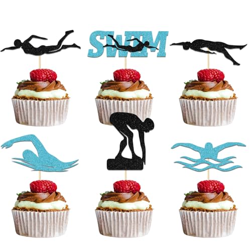 Cupcake-Topper, Schwimm-Team, Tauchen, Cupcake-Topper, Schwimmen, Happy Birthday, Kuchendekoration, Sommer, Sport, Party, Zubehör, Schwarz, Hellblau, Glitzer, 24 Stück Cupcake-Topper, Schwimm-Team, Tauchen, Cupcake-Topper, Schwimmen, Happy Birthday, Kuchendekoration, Sommer, Sport, Party, Zubehör, Schwarz, Hellblau, Glitzer, 24 Stück von Qxcv