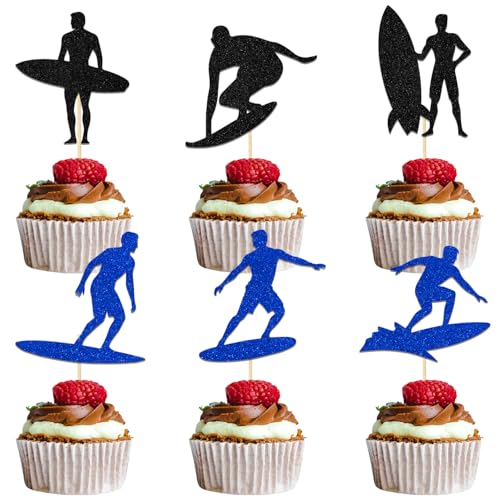 Cupcake-Topper, Surfen, Kuchendekoration, Surfbrett, Sport, Cupcake-Topper, Sommer, Sport, Thema, Geburtstag, Junggesellinnenabschied, Schwarz, Blau, Glitzer, 24 Stück Cupcake-Topper, Surfen, Kuchendekoration, Surfbrett, Sport, Cupcake-Topper, Sommer, Sport, Thema, Geburtstag, Junggesellinnenabschied, Schwarz, Blau, Glitzer, 24 Stück von Qxcv