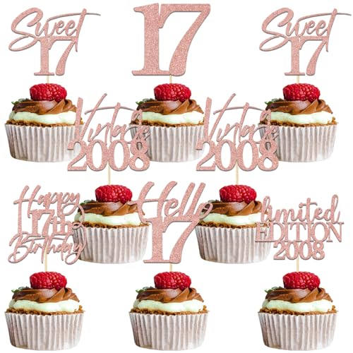 Cupcake-Topper "Happy 17th Birthday", Kuchendekoration, 17 Jahre, Party-Dekoration, Tanzende Königin, 17 Jahre, Partyzubehör, Roségold, Glitzer, 24 Stück Cupcake-Topper "Happy 17th Birthday", Kuchendekoration, 17 Jahre, Party-Dekoration, Tanzende Königin, 17 Jahre, Partyzubehör, Roségold, Glitzer, 24 Stück von Qxcv