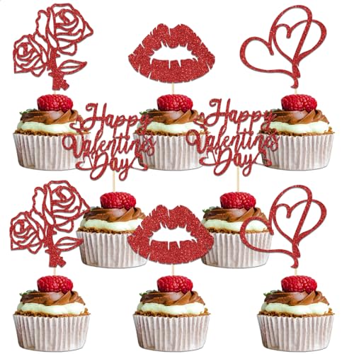 Cupcake-Topper "Happy Valentines Day", Valentinstagsparty-Dekoration, "I Love You", Party-Dekoration, In My Valentines Era, Liebes-Thema, Hochzeitstag, Partyzubehör, roter Glitzer, 24 Stück Cupcake-Topper "Happy Valentines Day", Valentinstagsparty-Dekoration, "I Love You", Party-Dekoration, In My Valentines Era, Liebes-Thema, Hochzeitstag, Partyzubehör, roter Glitzer, 24 Stück von Qxcv